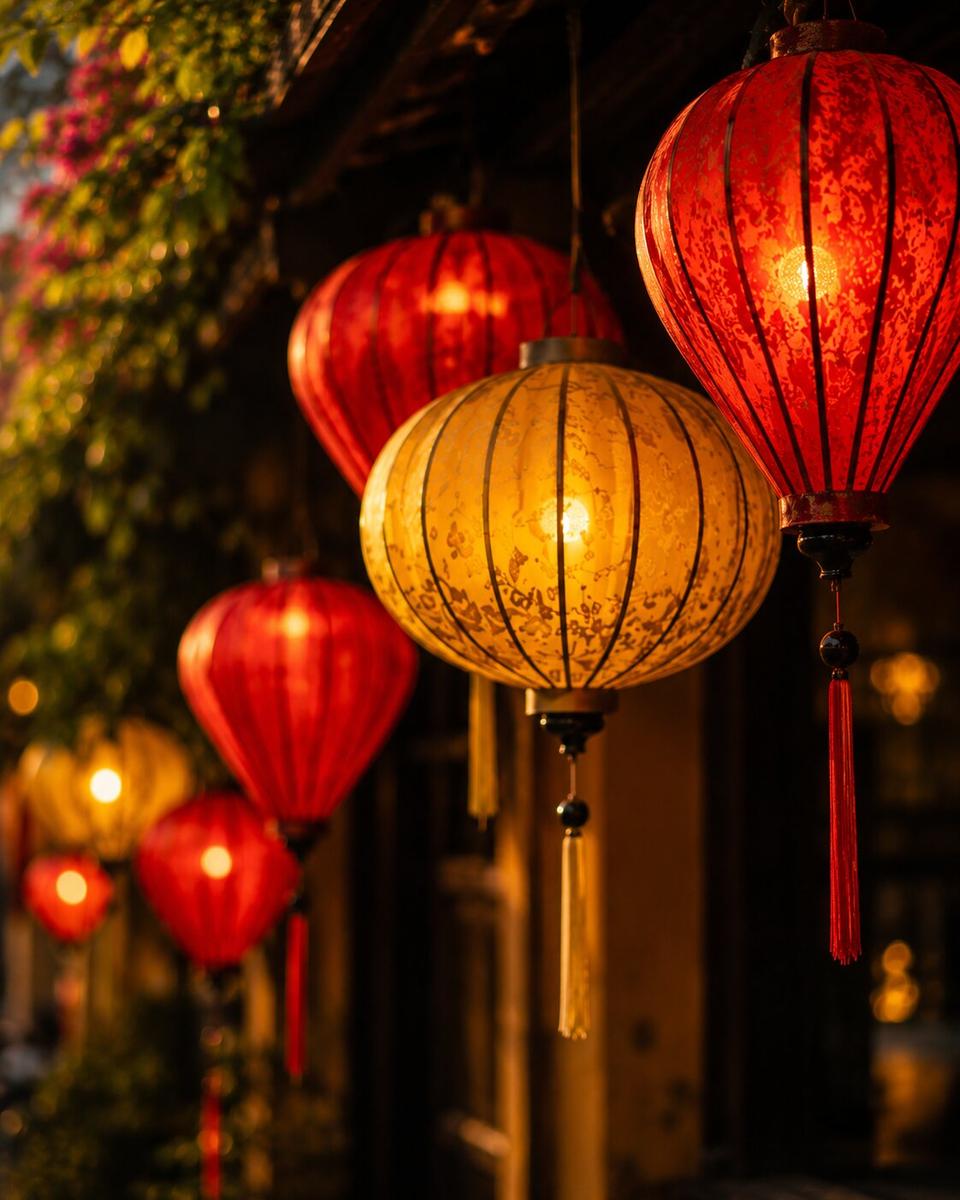 Glowing silk lanterns after dark