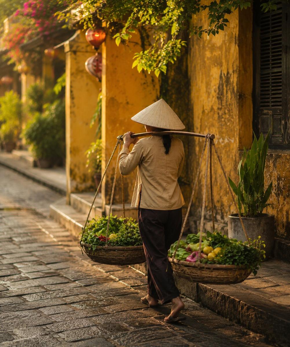 A Vietnamese street vendor in a conical hat carrying fresh produce