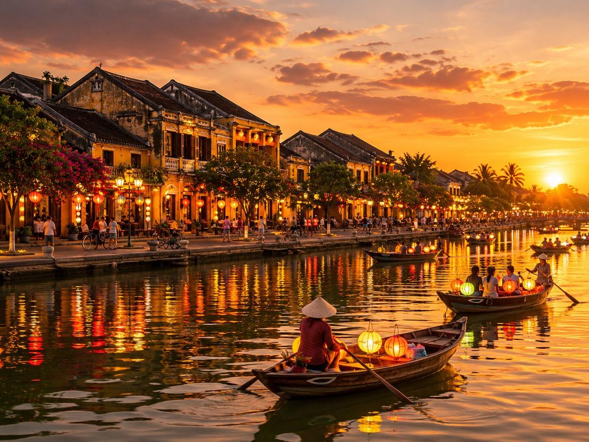 A riverside in Vietnam at golden hour