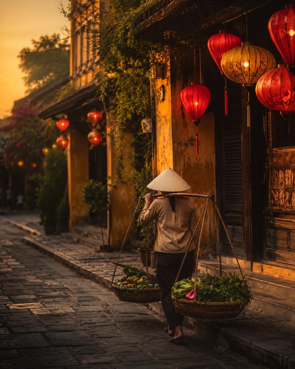 A vendor with a carrying pole beneath the lanterns